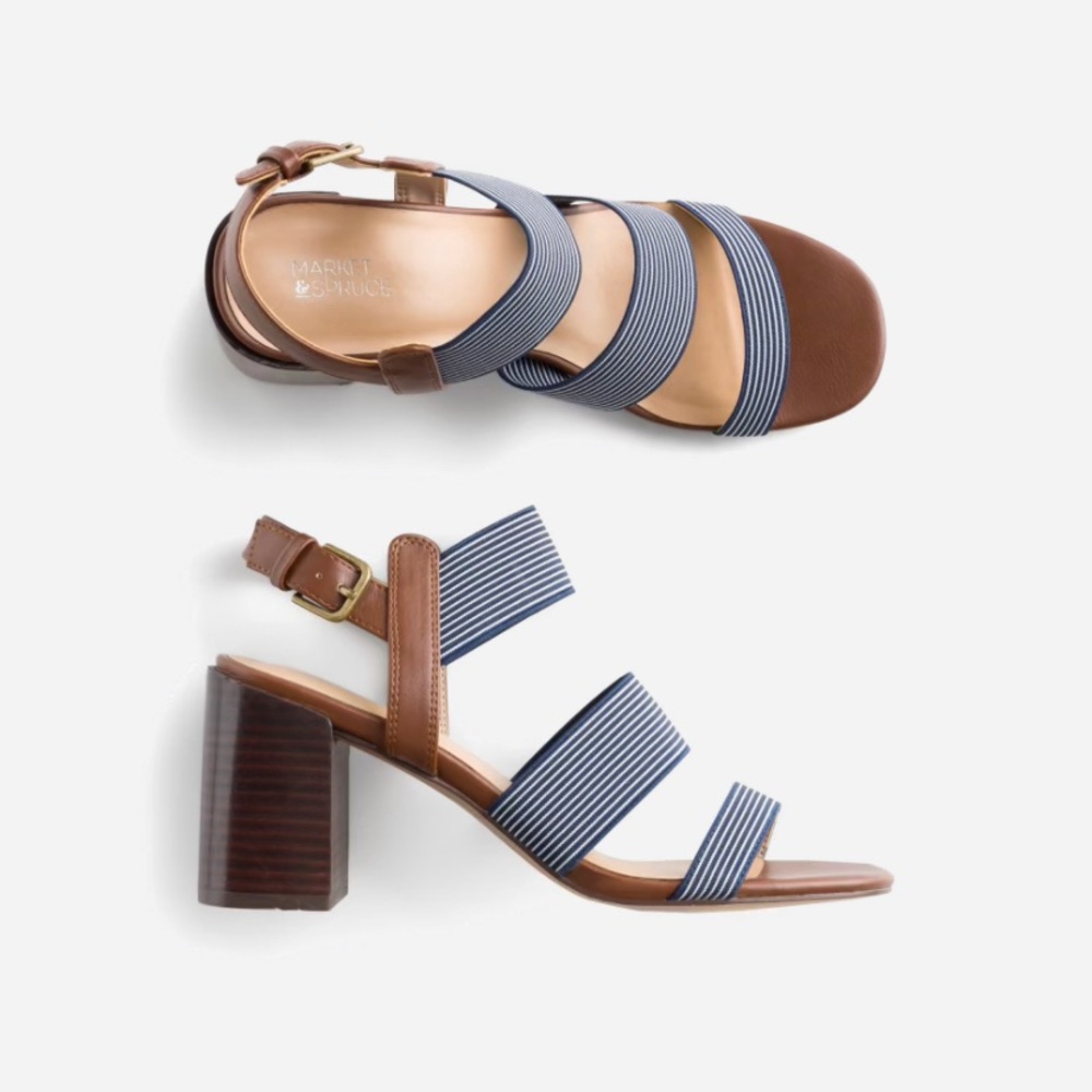 Market & Spruce Nicole Elastic Strap Heel, Navy/White striped, 3" heel, size 9.5